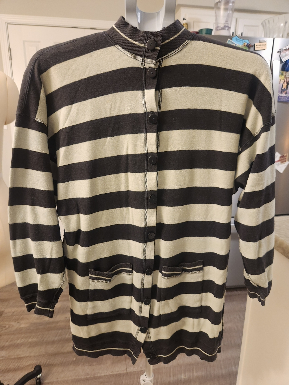 French Made Striped Button-Front Cardigan Sweater - Black & Cream